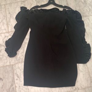 Cinq à sept black off the shoulder dress with ruffle details on sleeve/neck sm S